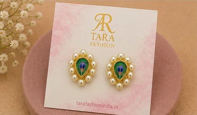 Tara Fashion Elegant Peacock Motif Pearl Stud Earrings view 4