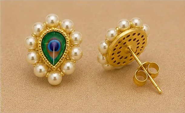 Tara Fashion Elegant Peacock Motif Pearl Stud Earrings view 5