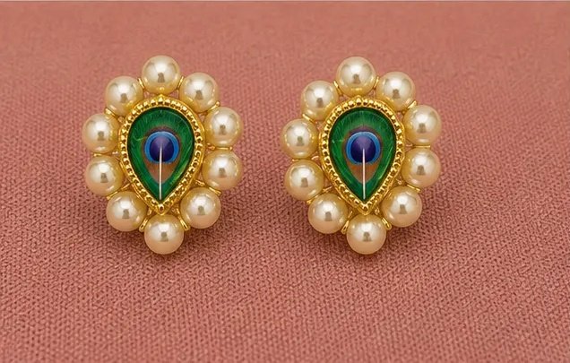 Tara Fashion Elegant Peacock Motif Pearl Stud Earrings view 6