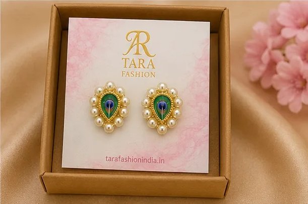 Tara Fashion Elegant Peacock Motif Pearl Stud Earrings view 7