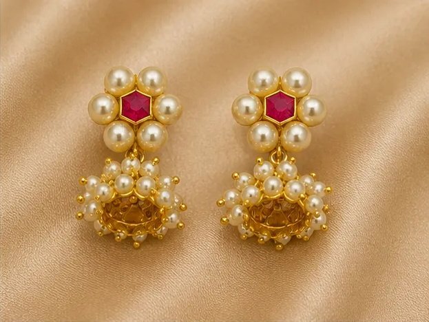 Tara Fashion Gold-Plated Pink Floral Pearl Drop Jhumka Earrings