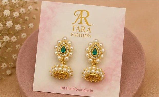 Tara Fashion Gold-Plated Green Meenakari Pearl Drop Jhumka Earrings view 4