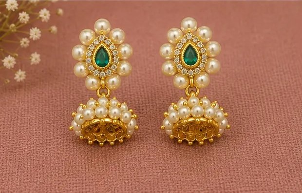 Tara Fashion Gold-Plated Green Meenakari Pearl Drop Jhumka Earrings view 6