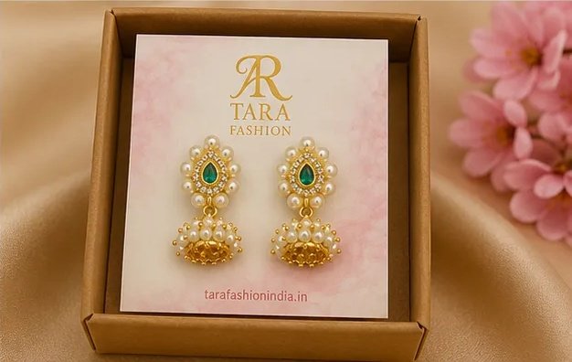 Tara Fashion Gold-Plated Green Meenakari Pearl Drop Jhumka Earrings view 7