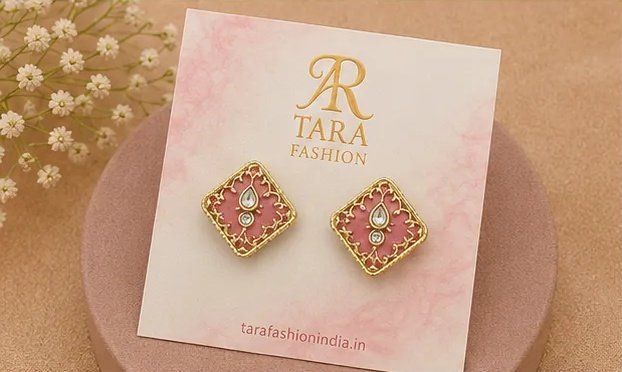 Tara Fashion Gold-Plated Square Pink Meenakari Kundan Stud Earrings view 4
