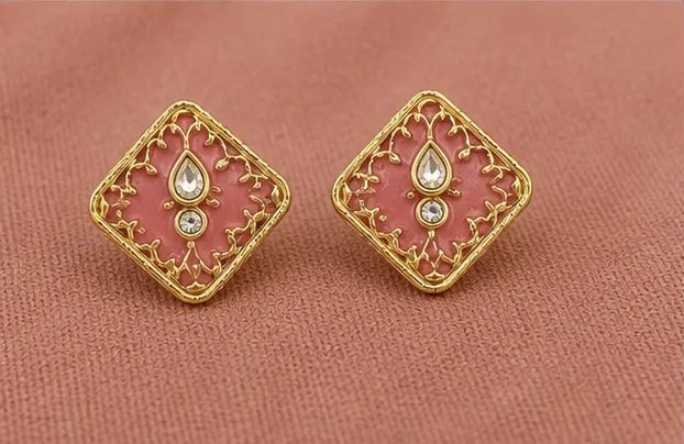 Tara Fashion Gold-Plated Square Pink Meenakari Kundan Stud Earrings view 6