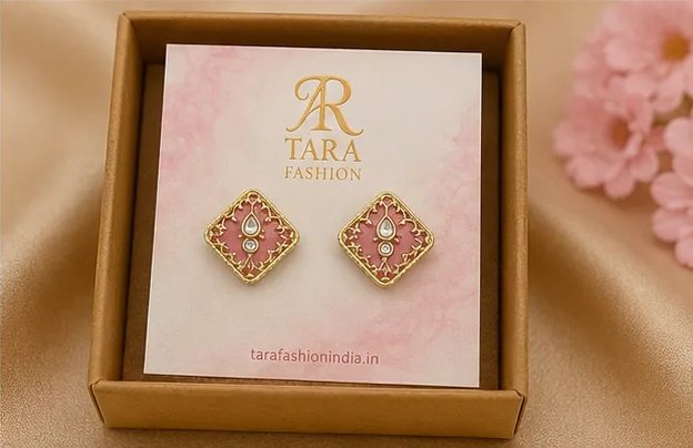 Tara Fashion Gold-Plated Square Pink Meenakari Kundan Stud Earrings view 7