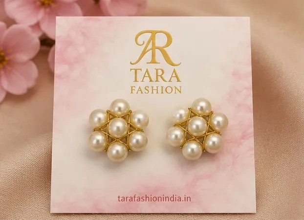 Tara Fashion Golden Wire Mesh Pearl Flower Stud Earrings view 2