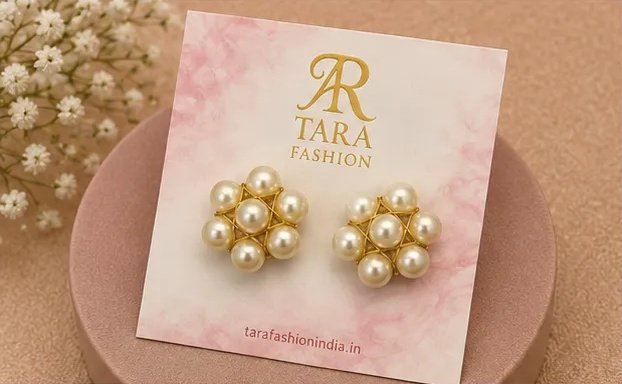 Tara Fashion Golden Wire Mesh Pearl Flower Stud Earrings view 4