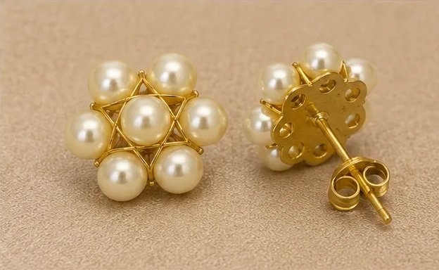 Tara Fashion Golden Wire Mesh Pearl Flower Stud Earrings view 5