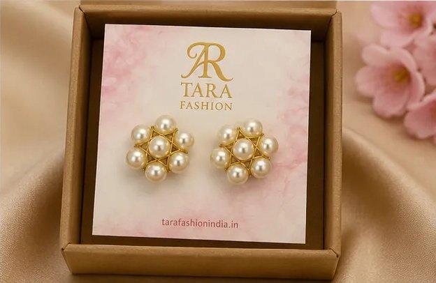 Tara Fashion Golden Wire Mesh Pearl Flower Stud Earrings view 7