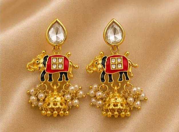 Tara Fashion Gold-Plated Meenakari Elephant Jhumka Earrings