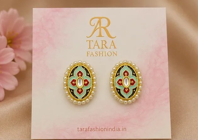 Multicolor Meenakari Oval Stud Earrings with Central Kundan view 2