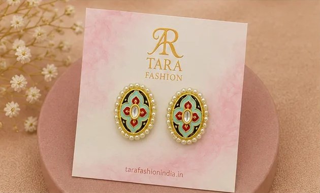 Multicolor Meenakari Oval Stud Earrings with Central Kundan view 4
