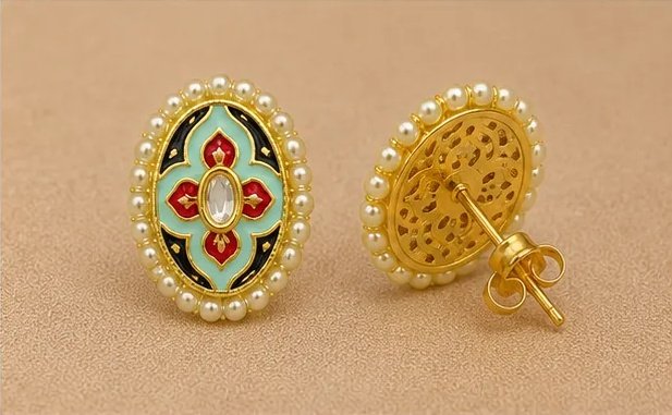 Multicolor Meenakari Oval Stud Earrings with Central Kundan view 5
