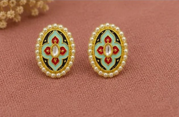 Multicolor Meenakari Oval Stud Earrings with Central Kundan view 6