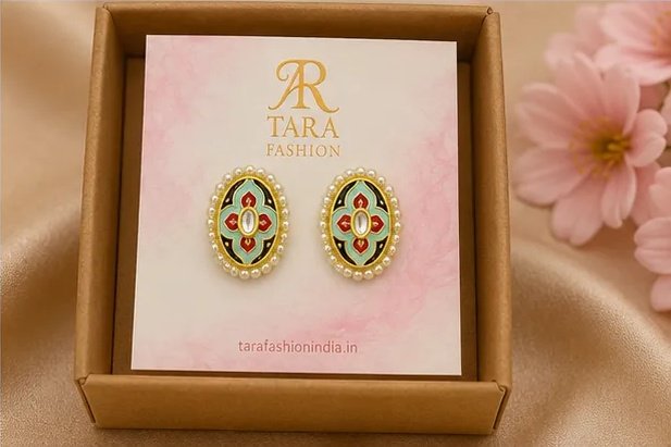 Multicolor Meenakari Oval Stud Earrings with Central Kundan view 7