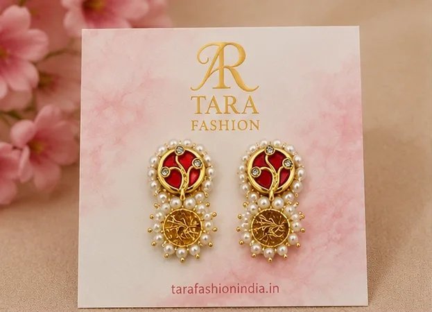 Traditional Red Meenakari and Gold Textured Double-Drop Earrings view 2