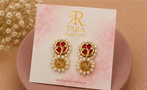 Traditional Red Meenakari and Gold Textured Double-Drop Earrings view 4