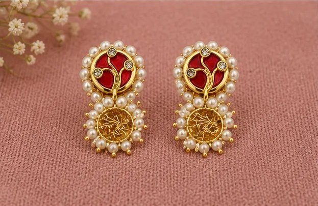 Traditional Red Meenakari and Gold Textured Double-Drop Earrings view 6