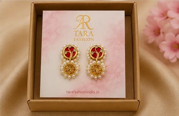 Traditional Red Meenakari and Gold Textured Double-Drop Earrings view 7