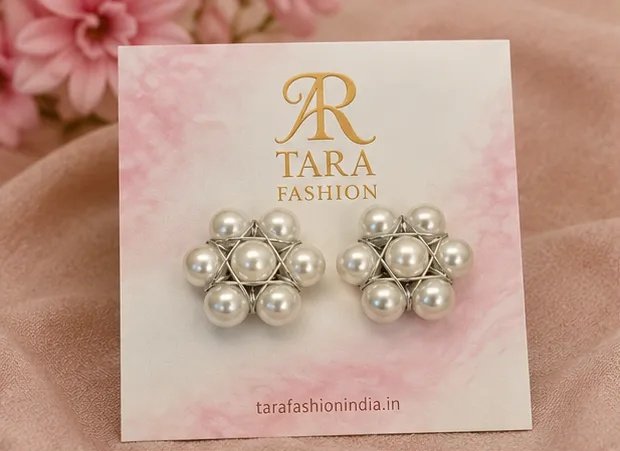 Elegant Floral Pearl Silver Wire-Wrapped Stud Earrings view 2