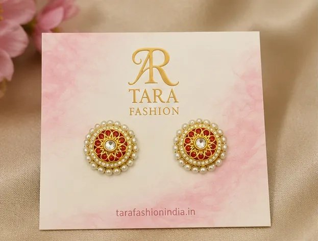 Elegant Gold-Plated Red Kemp and Pearl Stud Earrings view 2