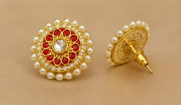 Elegant Gold-Plated Red Kemp and Pearl Stud Earrings view 5