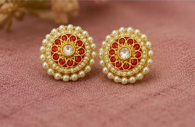 Elegant Gold-Plated Red Kemp and Pearl Stud Earrings view 6