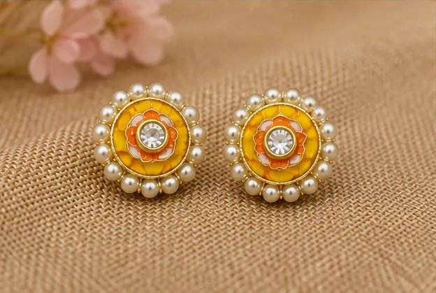 Elegant Gold-Plated Meenakari Floral Stud Earrings with Pearl Border view 6