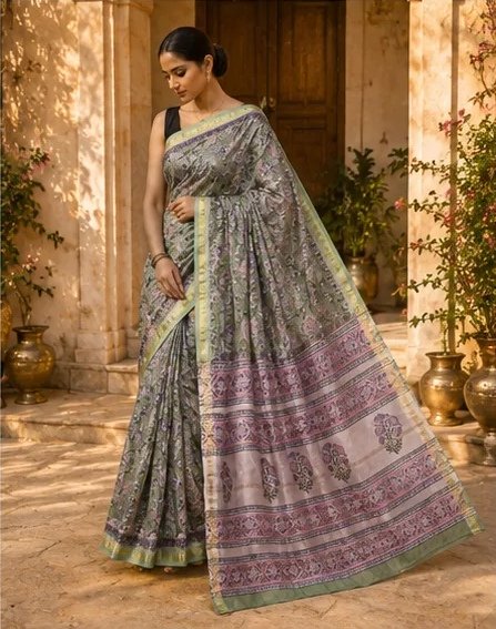 Olive Green and Mauve Pink Maheswari Silk Saree view 6