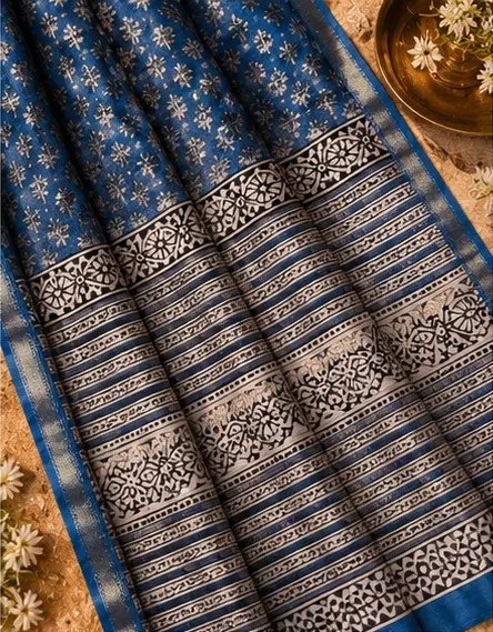 Regal Indigo Blue Maheswari Silk Saree with Traditional Block Prints view 3