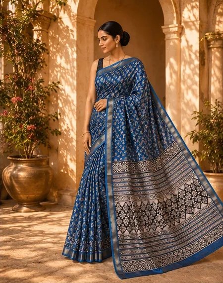 Regal Indigo Blue Maheswari Silk Saree with Traditional Block Prints view 4