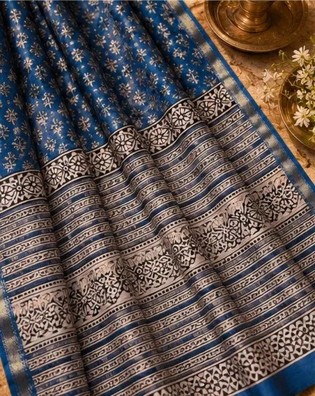Regal Indigo Blue Maheswari Silk Saree with Traditional Block Prints view 5