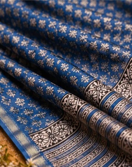 Regal Indigo Blue Maheswari Silk Saree with Traditional Block Prints view 7
