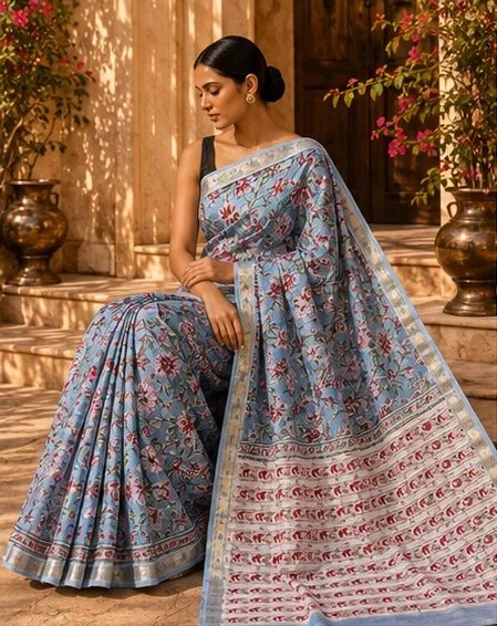 Serene Pastel Blue Maheswari Silk Saree with Floral Kalamkari Print