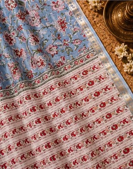 Serene Pastel Blue Maheswari Silk Saree with Floral Kalamkari Print view 5