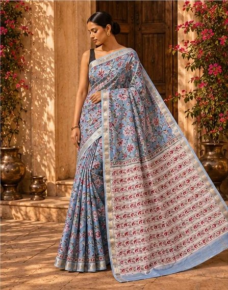 Serene Pastel Blue Maheswari Silk Saree with Floral Kalamkari Print view 6