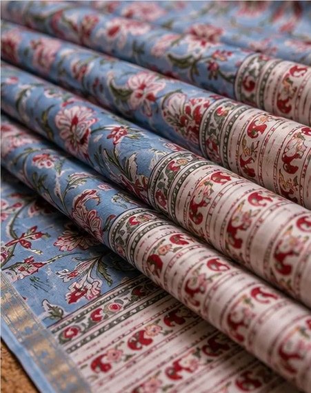 Serene Pastel Blue Maheswari Silk Saree with Floral Kalamkari Print view 7