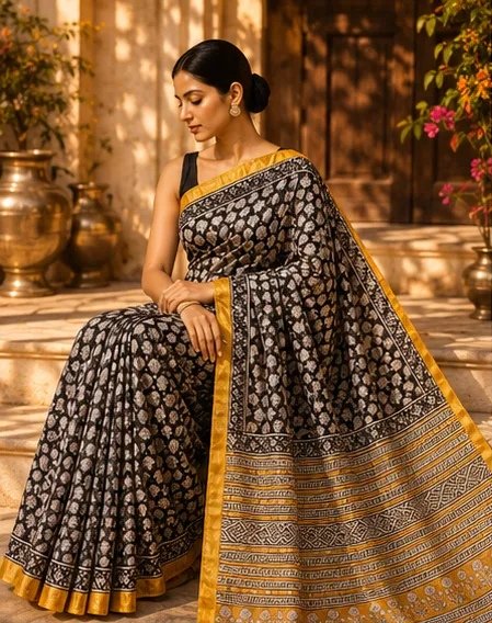 Classic Black and Mustard Maheswari Silk Saree with Block Prints