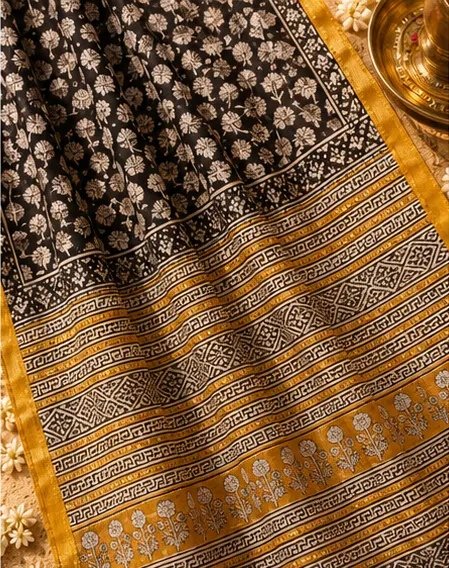 Classic Black and Mustard Maheswari Silk Saree with Block Prints view 3