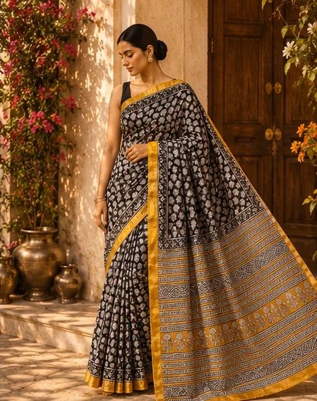 Classic Black and Mustard Maheswari Silk Saree with Block Prints view 4