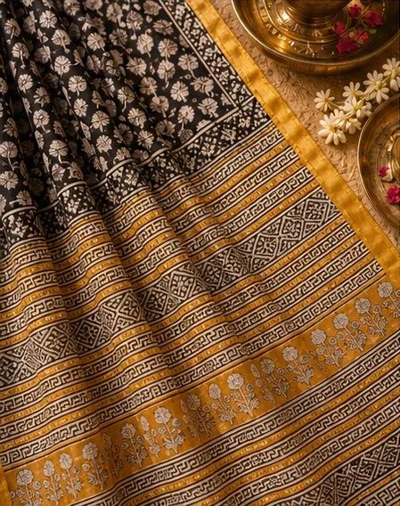 Classic Black and Mustard Maheswari Silk Saree with Block Prints view 5