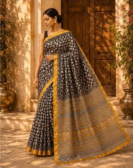 Classic Black and Mustard Maheswari Silk Saree with Block Prints view 6