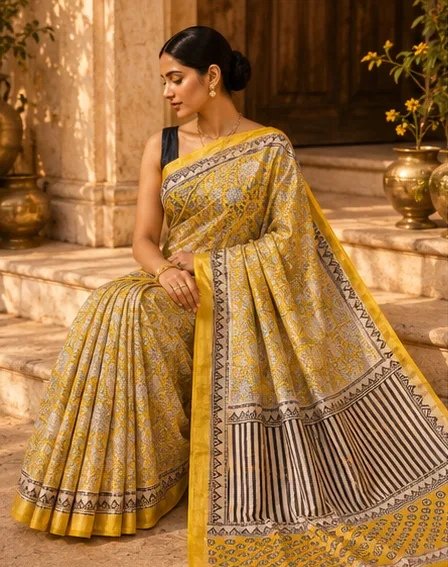 Vibrant Yellow and Cream Maheswari Silk Saree with Geometric Pallu