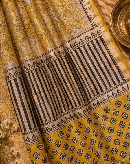 Vibrant Yellow and Cream Maheswari Silk Saree with Geometric Pallu view 3