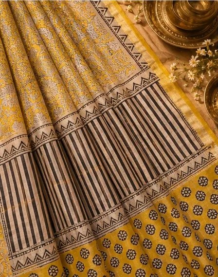 Vibrant Yellow and Cream Maheswari Silk Saree with Geometric Pallu view 5