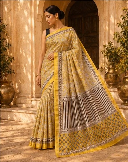Vibrant Yellow and Cream Maheswari Silk Saree with Geometric Pallu view 6