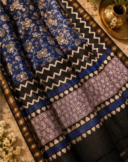 Regal Indigo Blue Maheswari Silk Saree with Traditional Block Prints view 3