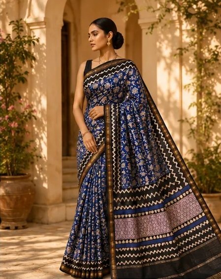 Regal Indigo Blue Maheswari Silk Saree with Traditional Block Prints view 4